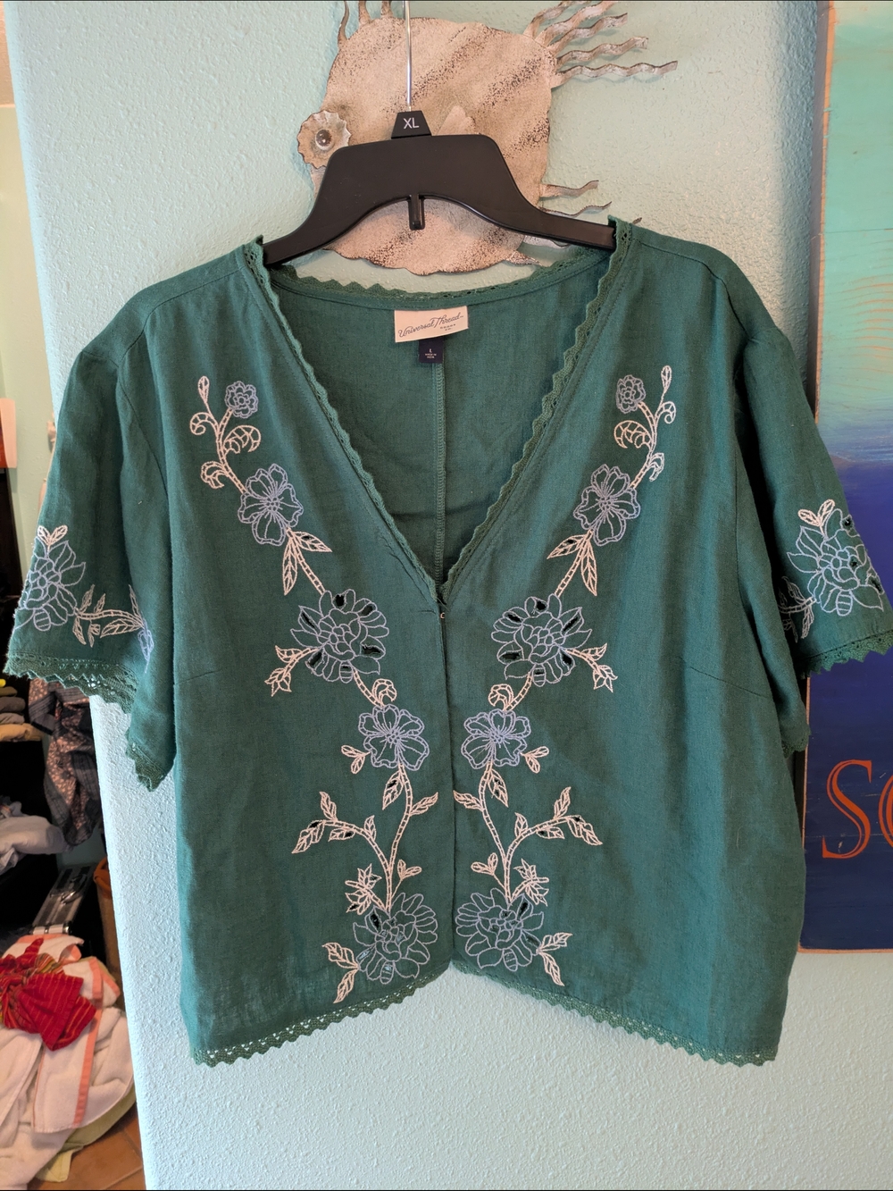Universal Thread Teal Green Embroidered V-Neck Blouse